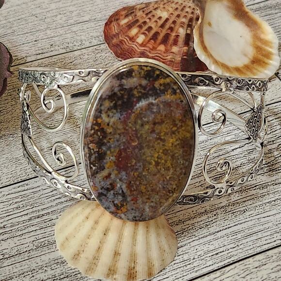 Enchanted Forest Sterling Silver Green Mossy Agate Cuff Bracelet - Picture 4 of 10